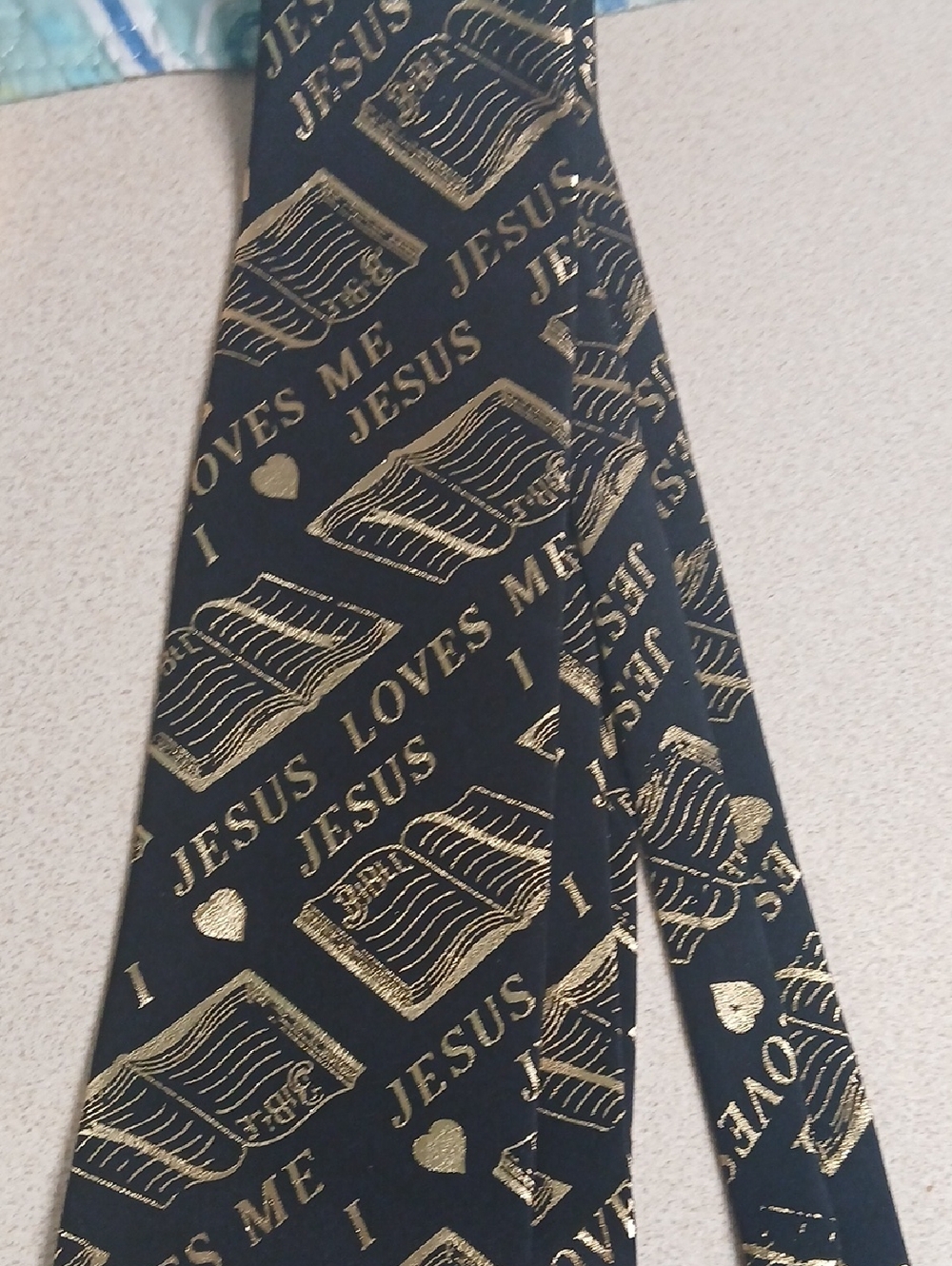 Naboth Handmade Black Tie with Metallic Gold Bible & 'Jesus Loves Me' Motif